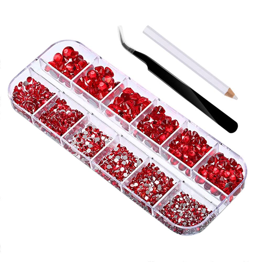 2000 Pcs Flat Back Gems Round Crystal Rhinestones 6 Sizes 1.5-6 mm with Pick Up Tweezer and Rhinestones Picking Pen for Crafts Nail Clothes (Red)