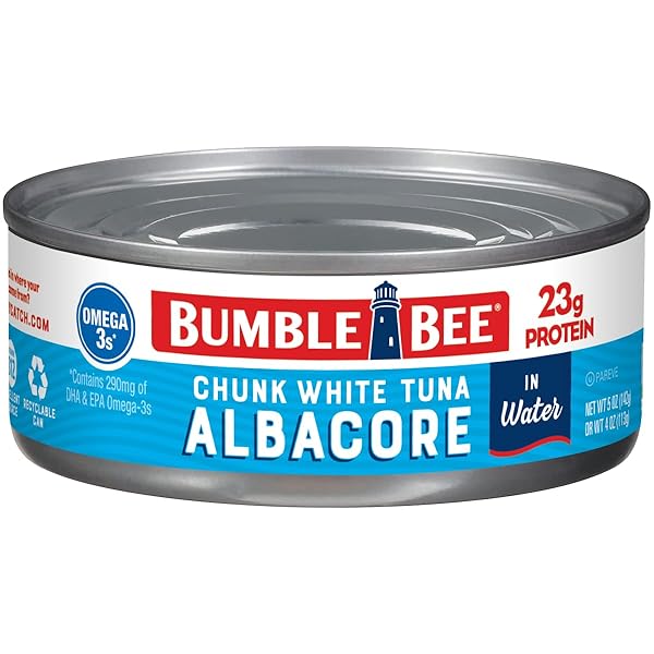 BUMBLE BEE CHUNK WHITE ALBACORE TUNA IN WATER, 5 OZ CAN (PACK OF 4) – WILD CAUGHT TUNA – 23G PROTEIN PER SERVING, HIGH IN OMEGA-3S – NON-GMO PROJECT VERIFIED, GLUTEN FREE, KOSHER