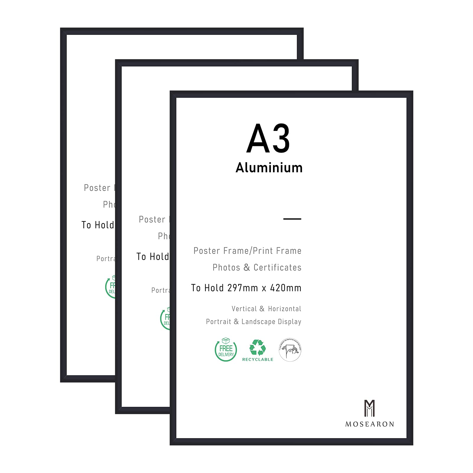 A3 Certificate Picture Frame,3 Pack Black Aluminum Photo Frame with plexiglass for Wall Mount Display,29.7x42 cm,Set of 3