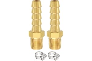 METALLIXITY 2pcs Brass Hose Barb to NPT Male Adapter 5/16" Barb x 1/8" NPT Male with 2pcs Stainless Steel Hose Clamp for Auto