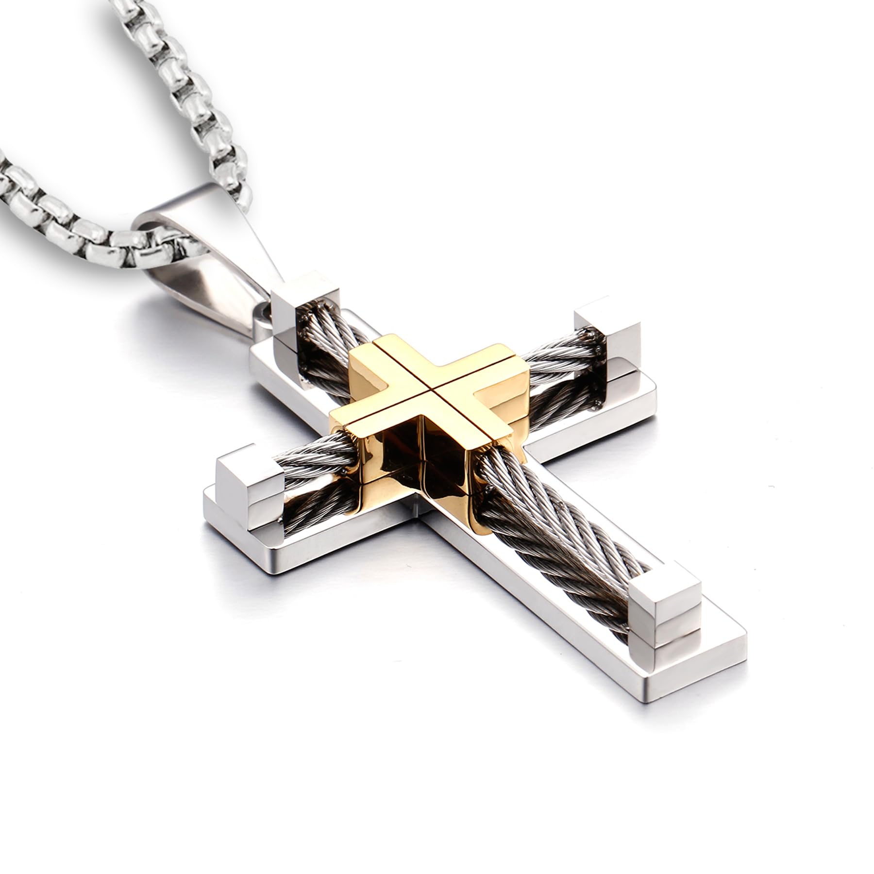 YL-collar cruzado para hombre, colgante grande de Jesucristo de acero inoxidable 316L, joyería chapada en oro blanco, cadena Rolo para 24''