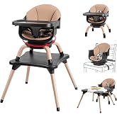Komcot High Chair, 7 in 1 Wooden Baby High Chair with 360&deg; Rotating Seat | Convertible High Chairs for Babies and Toddlers, Kids Learning Table, Building Block Table, 5-Point Safety Harness, Black