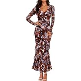 ZESICA Women's Fall Floral Long Sleeve Maxi Dress 2026 Boho Bodycon V Neck Ruffle Wedding Party Long Dresses