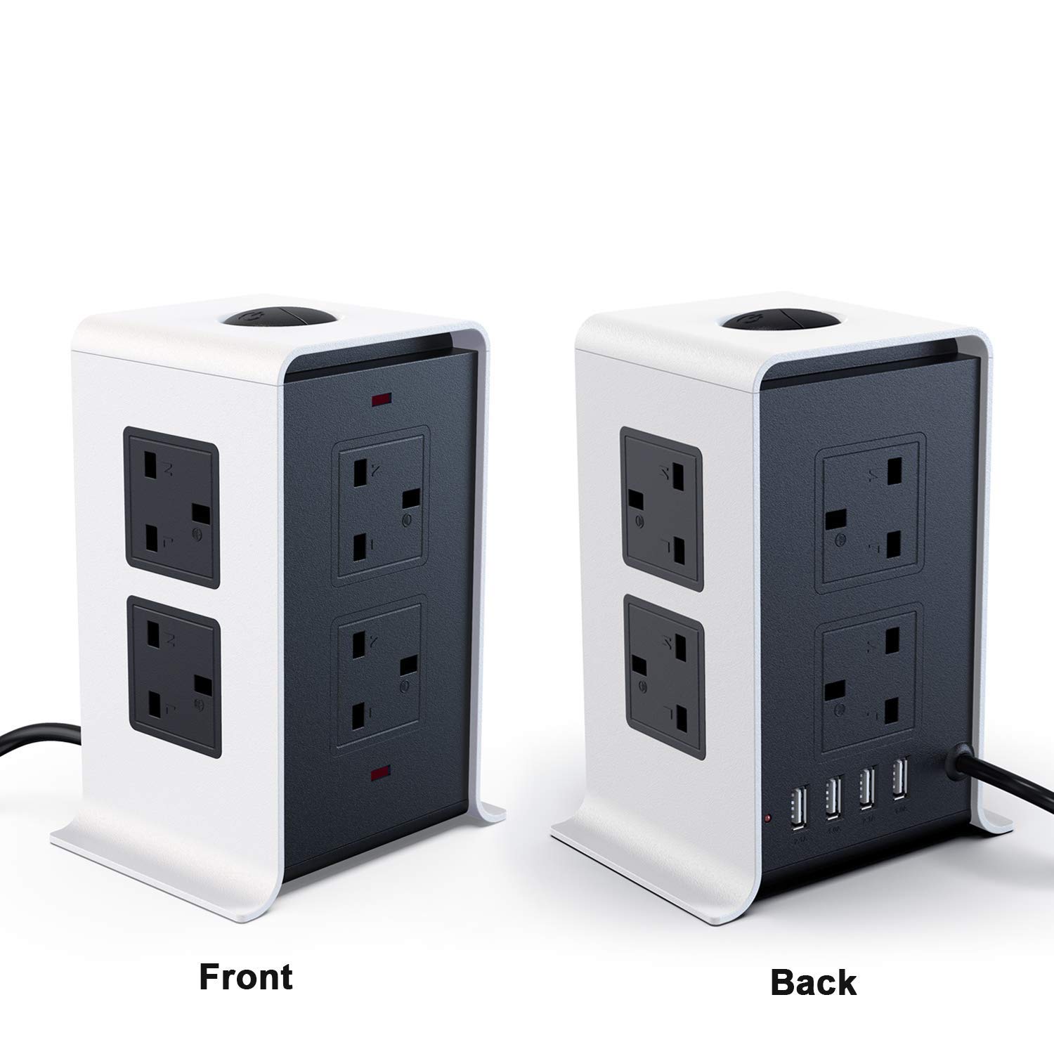 Power Strip Tower Surge Protector Electric Charging Station 10Ft Cord Wire Extension 3000W 13A 16AWG 8 Outlet Plugs with 4 USB Slot Universal Socket for PC Laptops Mobile