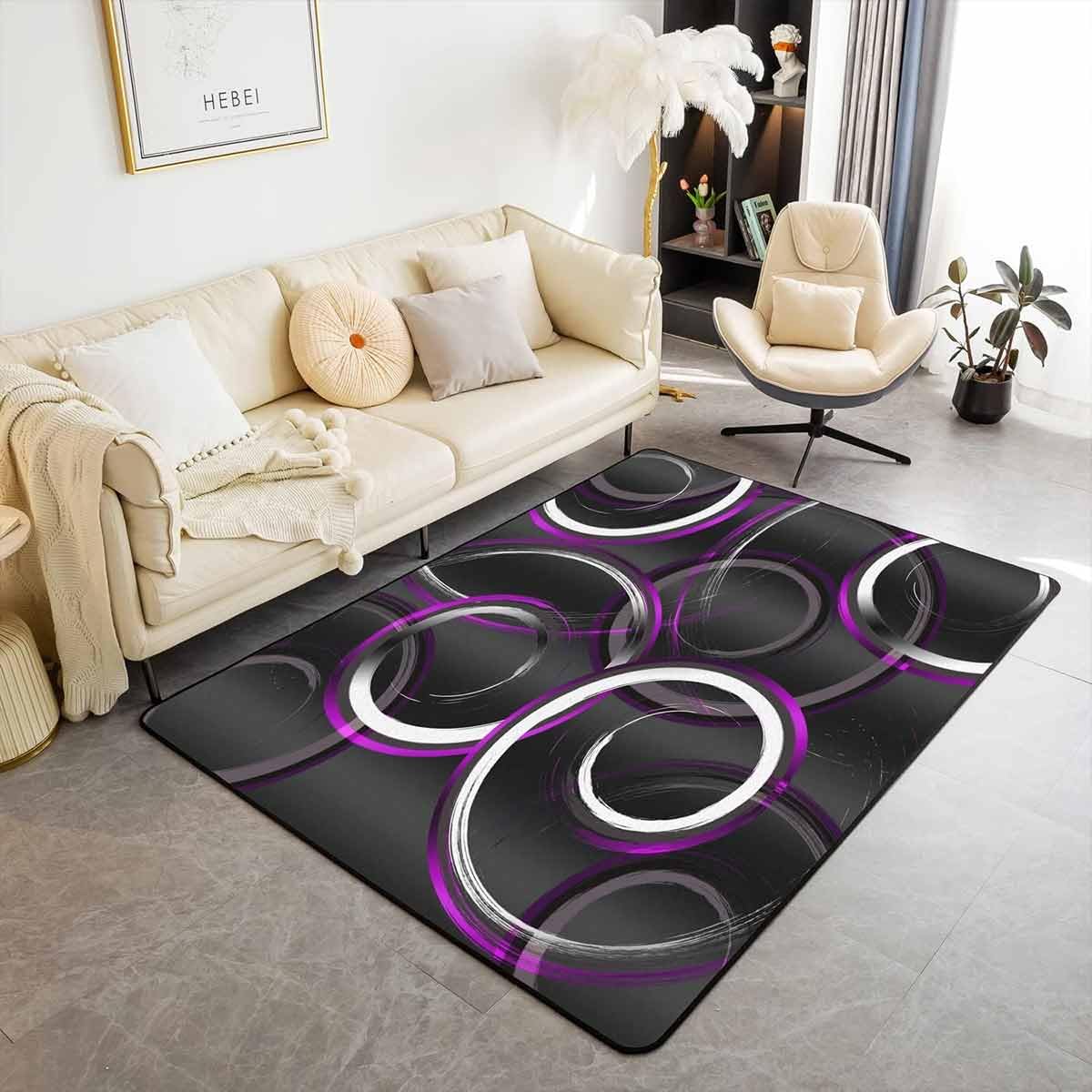 Loussiesd Area Rug,Geometric Circle Rugs for Living Room Bedroom,Modern Abstract Art Purple White Black Indoor Floor Mat,150x200cm
