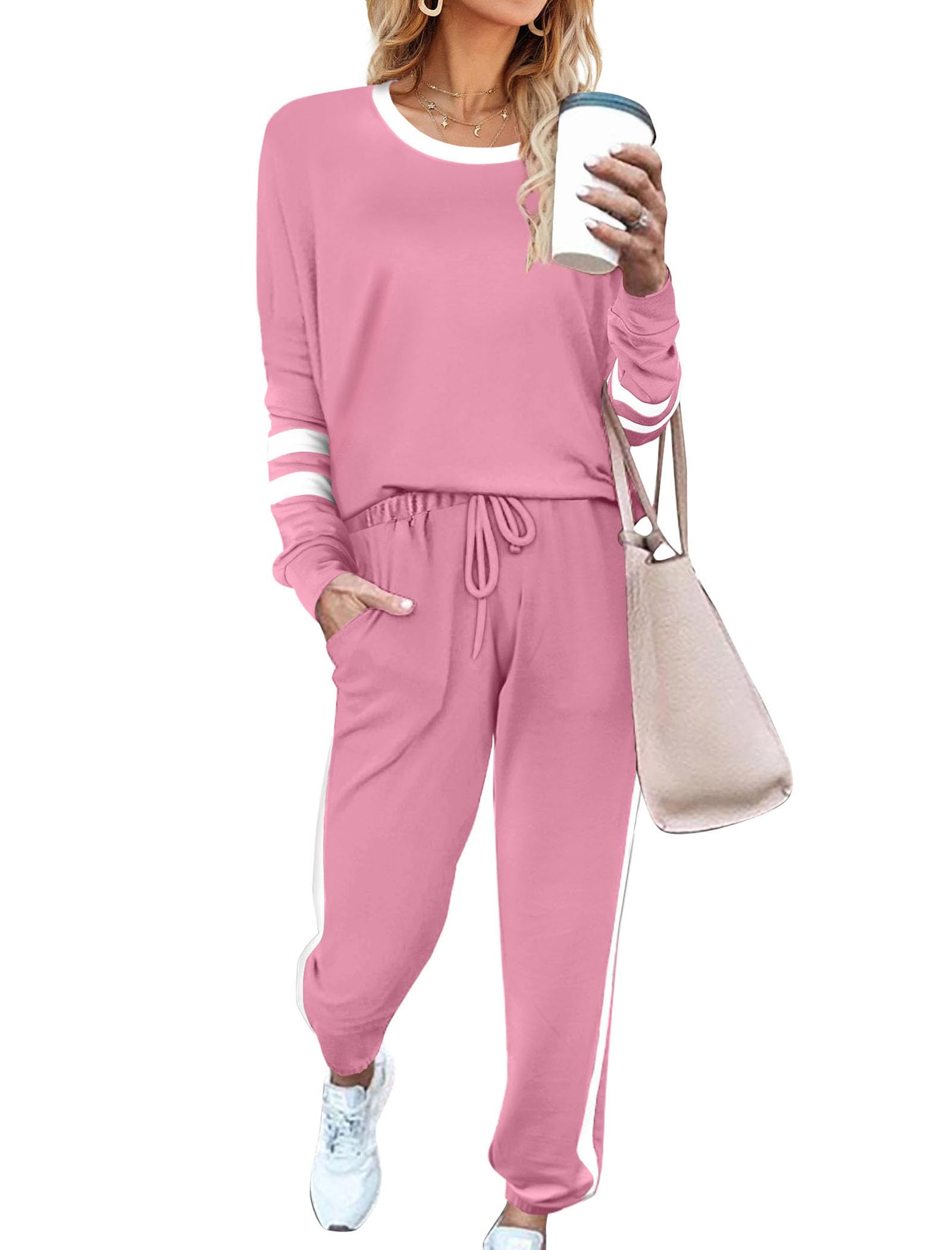 Photo 1 of Aloodor 2 Piece Outfits for Women Crewneck Workout Sweatsuit Sets Loose Fitting Tops Grey Pink M