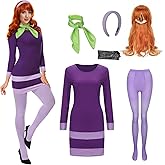 LINKOM Women's Long Sleeve Halloween Costume,Purple Bodycon Mini Dress with Wigs Headband Scarf Thigh High Socks