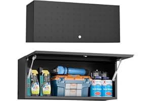 Polup Metal Wall Cabinet, Garage Storage Cabinet with Gas Spring & Lock, Wall Mounted Tool Cabinet for Workshop, Warehouse, Enclosed Trailers Cabinet, 13" D x 32" W x 14" H, Black - Assembly Required