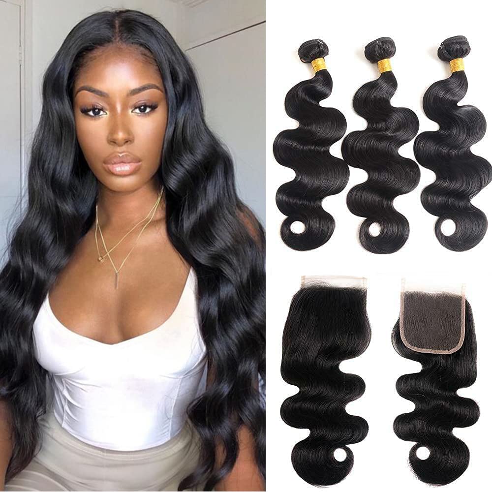 Brazilian Virgin Human Hair Body Wave Bundles with Closure 100% Unprocess Body Wave Human Hair 3 Bundles With Closure Natural Black Color (10 12 14+10Inch/new, 3bundles+4x4 closure/new)