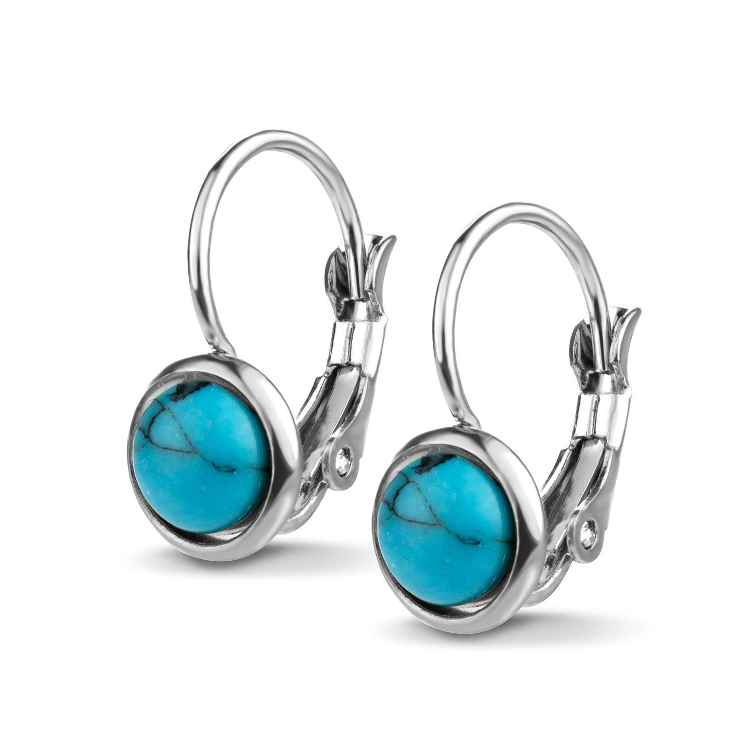 555Jewelry Womens Stainless Steel Stone Marble Round Circle Vintage Genuine Delicate Cut Classic Leverback Findings Finish Fashion Accessories Jewelry Earring, Silver & Turquoise