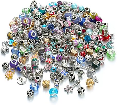 Pansona Assorted Silver Tone Charms Rhinestones Bead Charms Murano Glass Beads and Spacers Pack of 50