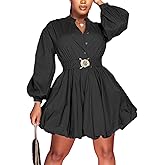 Uni Clau Womens Button Down Shirt Dress Long Sleeve A-Line Casual Puffy Short Mini Dress with Belt