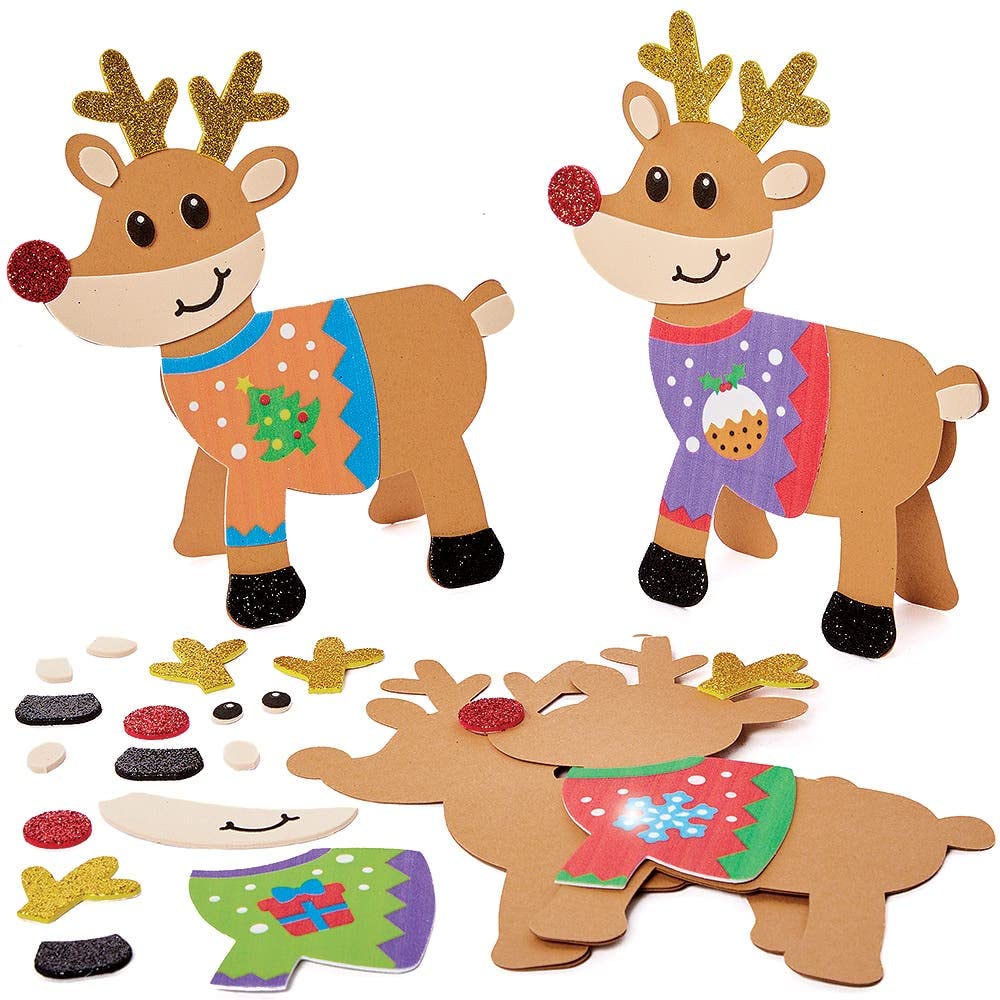 Baker Ross FX240 Reindeer Christmas Jumper Card Kits - Pack of 6, Make Your Own Holiday Card Kit, Christmas Craft