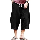 KAMUON Mens Casual Baggy Cotton Linen Pocket Lounge Harem Pants Beach Long Shorts