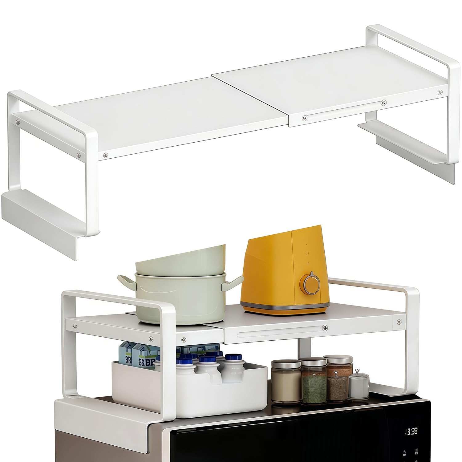 Photo 1 of (17-31.5 inches) Adjustable Refrigerator or Washer Top Storage Rack - Expandable Organizer Shelf, L-Shaped Protective Card Slot Design for Kitchen, Laundry Room, Dorm -Durable Metal Space Saver-White