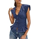 Cicy Bell Womens Deep V Neck Vest Tops Cap Sleeve Cropped Ruffle Shirts Button Up Cotton Fitted Blouse