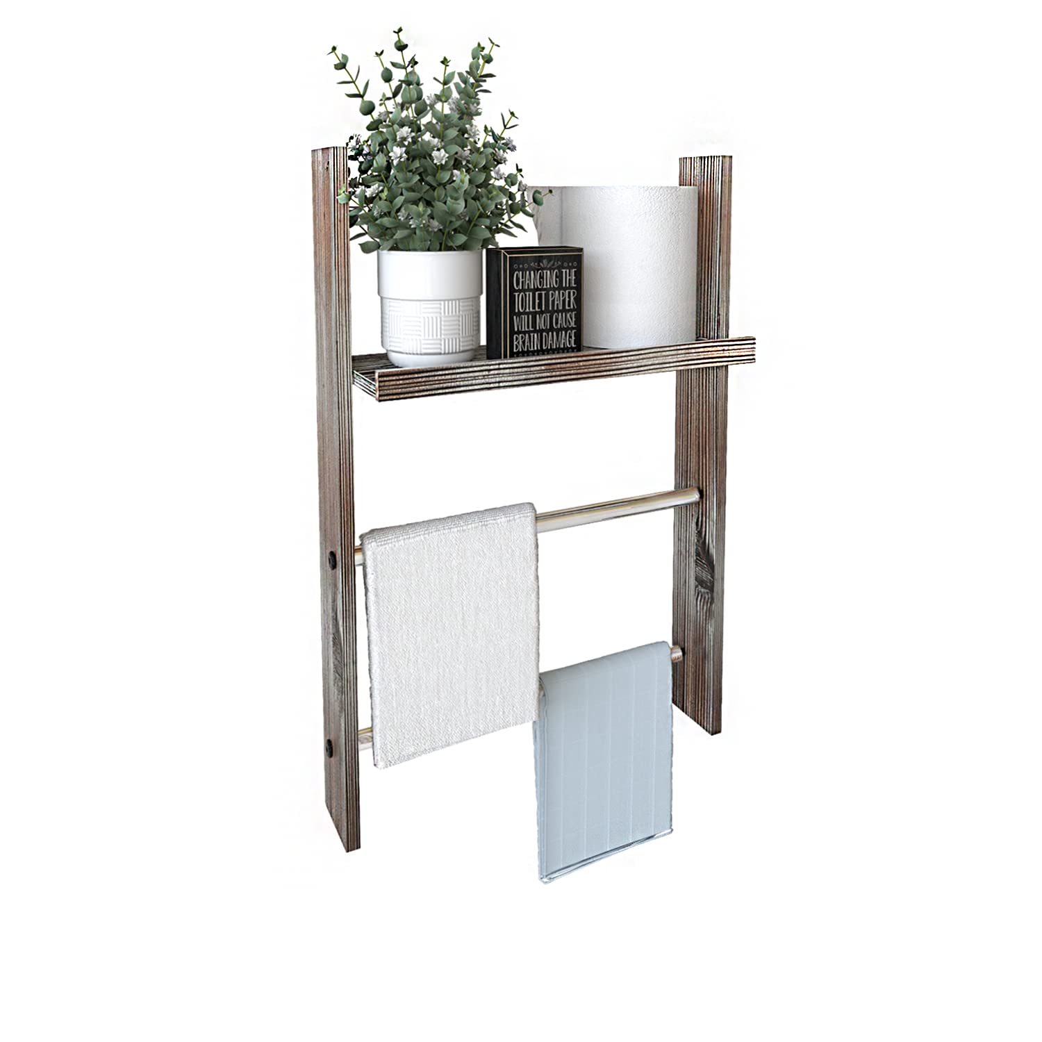 J JACKCUBE DESIGN Wood Wall Mounted Towel Rack Bathroom Wall Shelf MK576A (Rustic Wood)