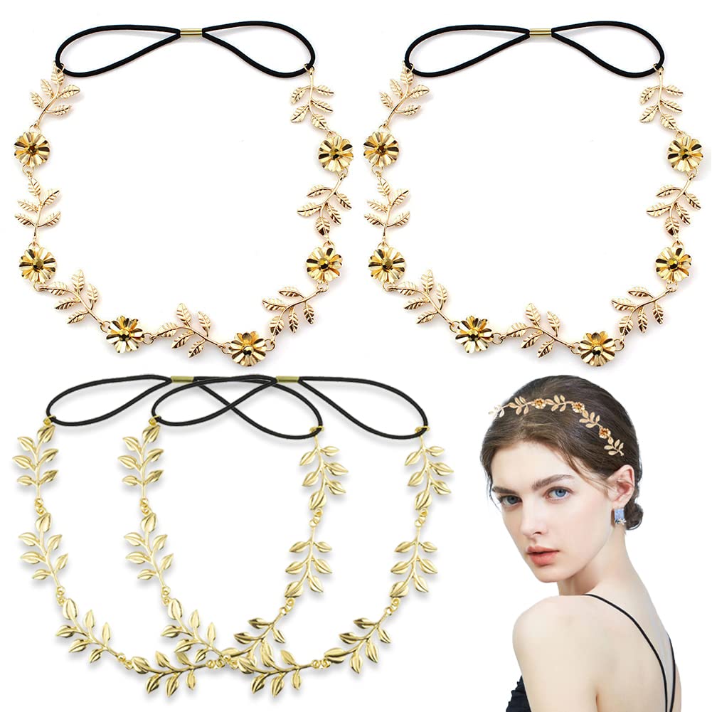 Paotxpum 4 Pieces Elastic Flower Head Chains Gold Leaves Headbands for Women Metal Chain Hair Band Head Pieces Wedding Hair Jewelry Festival Prom Wedding Headpiece