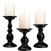 Black Pillar Candle Holders Set of 3, Vintage Candle Holder for Table Centerpiece & Fireplace Decor, Decorative Antique Candle Stand for Dining & Living Room Decoration