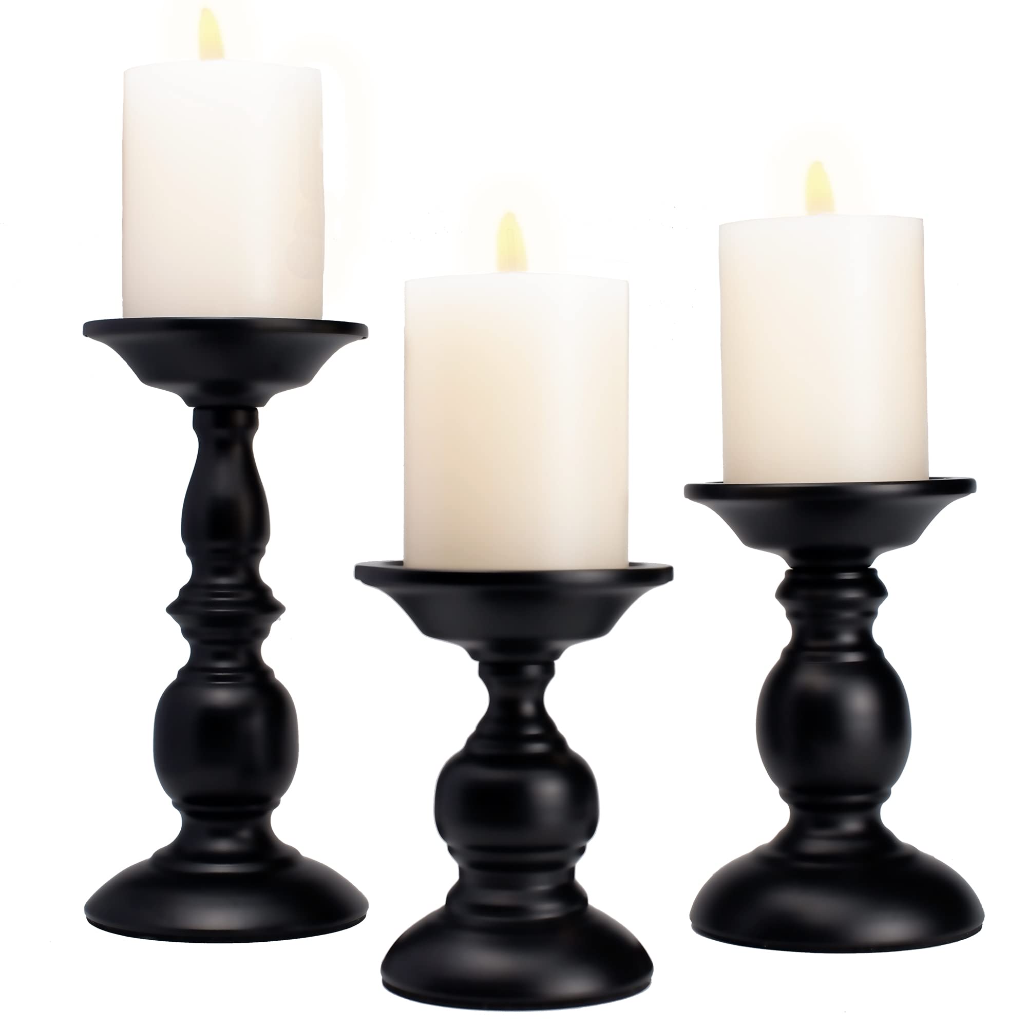 Photo 1 of Black Pillar Candle Holders Set of 3, Vintage Candle Holder for Table Centerpiece & Fireplace Decor, Decorative Antique Candle Stand for Dining & Living Room Decoration