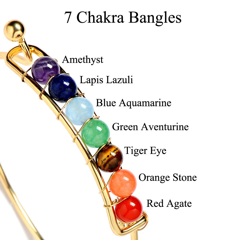 Coco Fashion 7 Chakra Bangle for women with Natural Gemstone for Health, Silvery and Golden Surface (Gold)