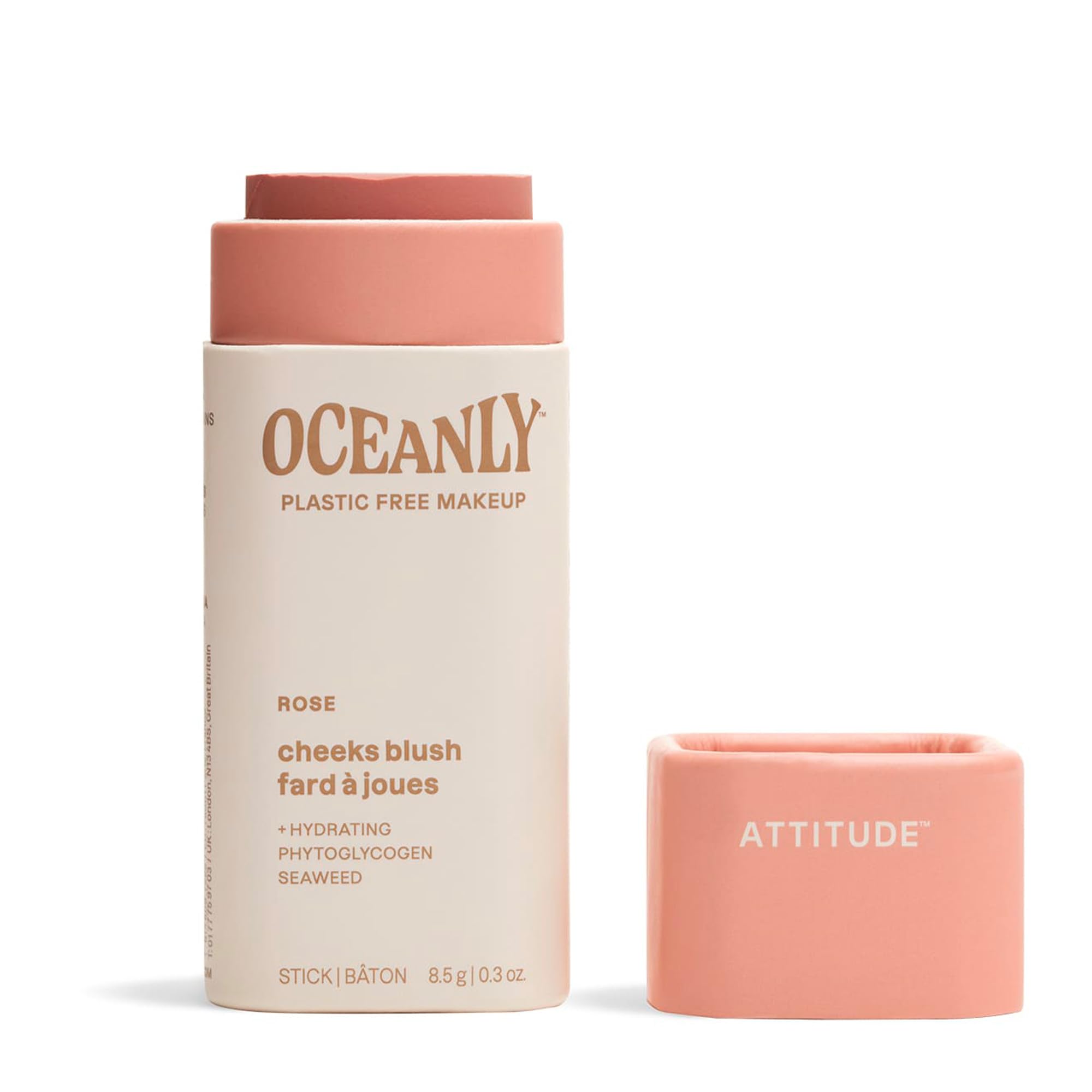 ATTITUDE Oceanly Plastic-Free Lightweight Blush Stick, Titanium Dioxide-Free, EWG Verified, Vegan Makeup, Rose, 8.5 grams