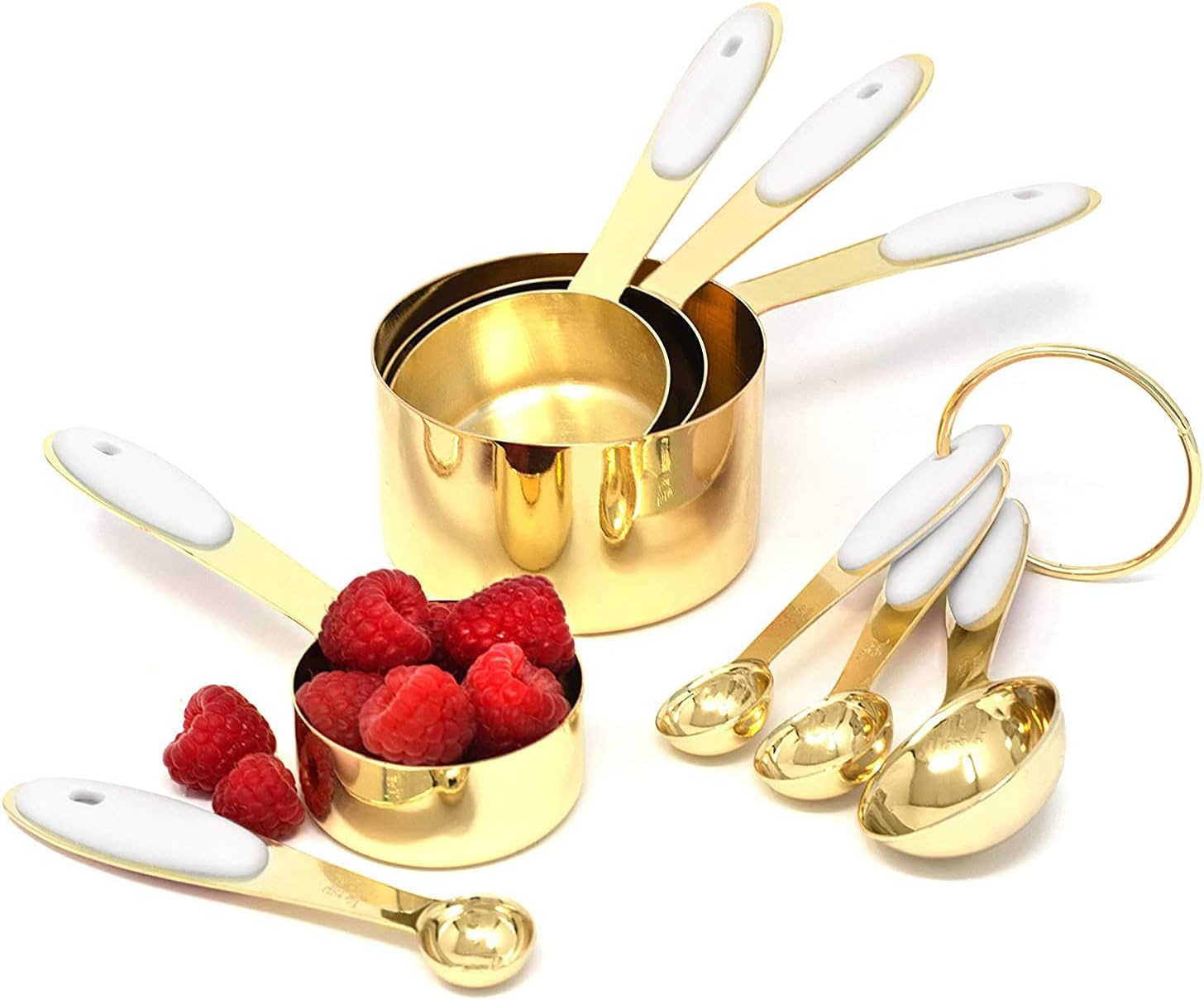 White & Gold Measuring Cups and Spoons Set - Cute Measuring Cups -8PC Gold Stainless Steel Measuring Cups and Spoons Set with White Silicone Handle - Gold Kitchen Accessories -Metal Measuring Cups Set