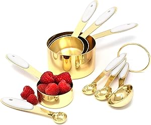 White & Gold Measuring Cups and Spoons Set - Cute Measuring Cups -8PC Gold Stainless Steel Measuring Cups and Spoons Set with White Silicone Handle - Gold Kitchen Accessories -Metal Measuring Cups Set