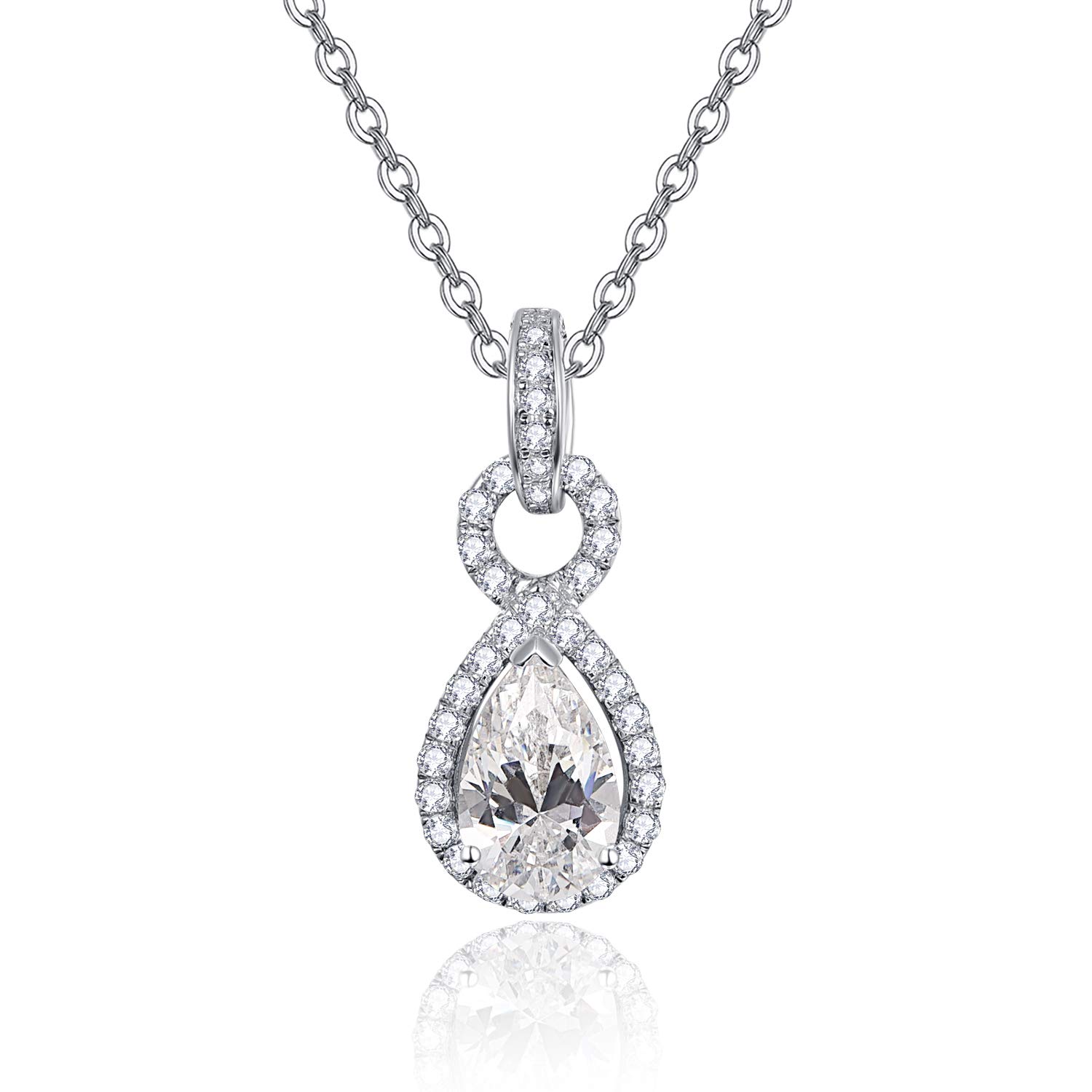 Bonlavie Sterling Silver Teardrop Necklace Halo Cubic Zirconia Pendant for Womens Wedding Bridal Engagement, 18" Cable Chain