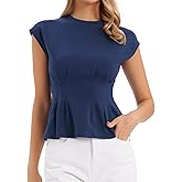 Allegra K Peplum Tops for Women Cap Sleeve Crew Neck Summer Business Work Blouse Tops