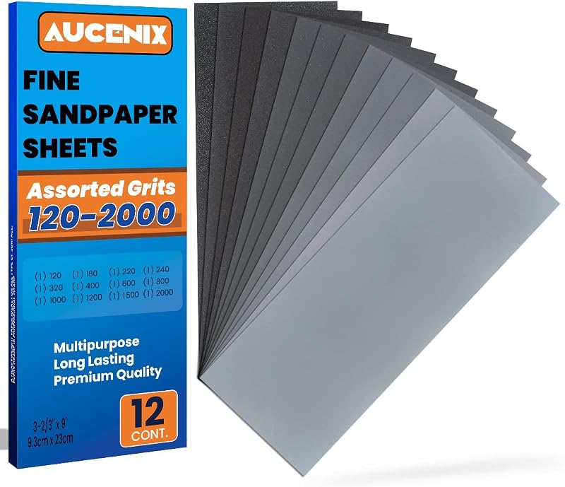 Aucenix 12pc Sandpaper Mixed Grits 120-2000 Wet Dry Waterproof Abrasive Sheets