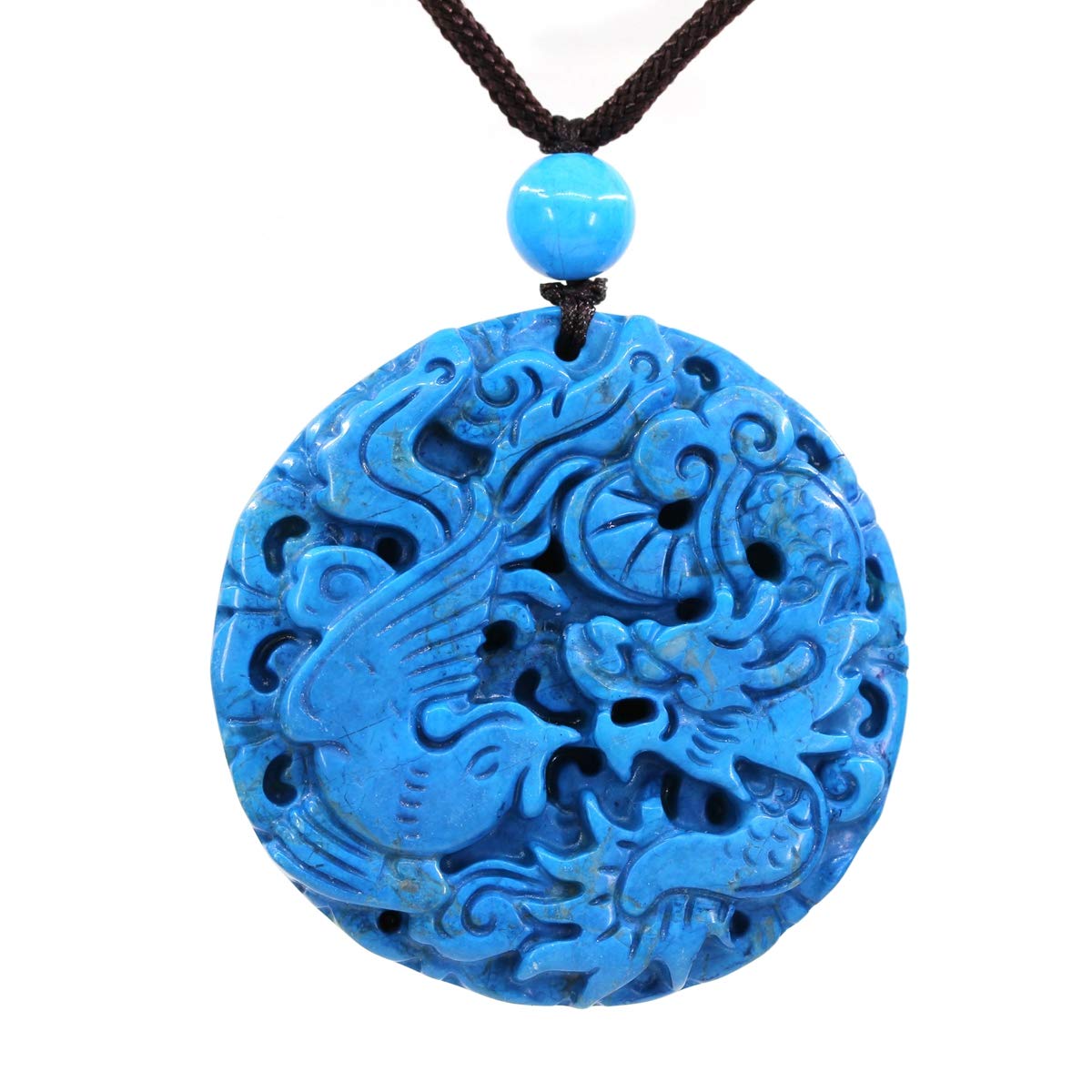 CHENYUE Dyed Blue Howlite Turquoise Gemstone Dragon Phoenix Amulet Charm Pendant Necklace 24 Inch