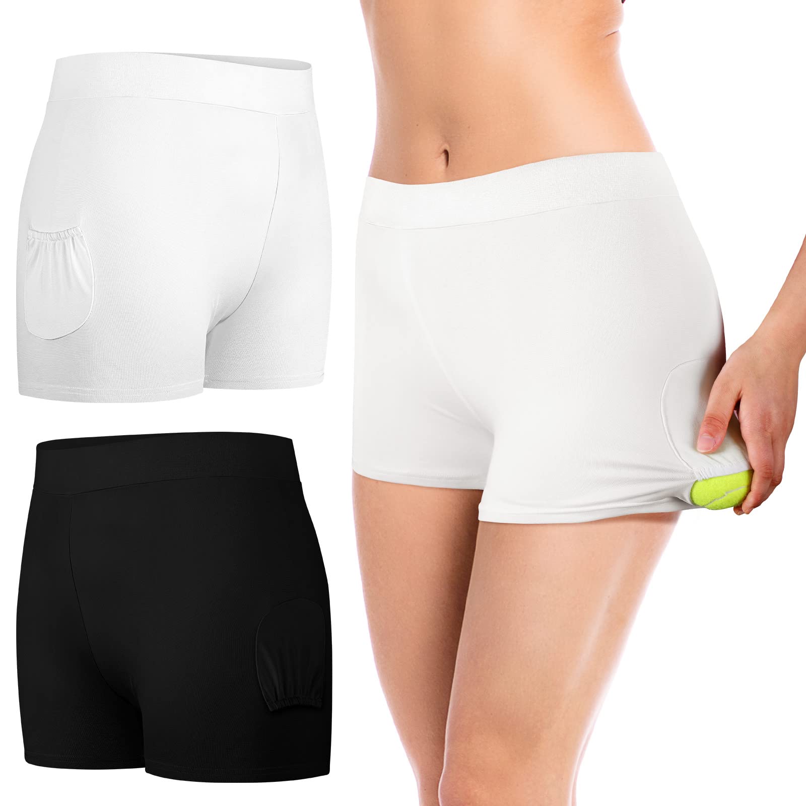 Photo 1 of Eurzom 2 Pieces Tennis Under Shorts with Ball Pockets Yoga Workout Women's Shorts Black White for Women Tummy Under (Small)