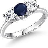 Gem Stone King 14K White Gold Blue Sapphire & White Topaz 3-Stone Engagement Ring | 1.26 Cttw | Round 5MM and 4MM | 3 Stone Wedding Anniversary Promise Ring For Women