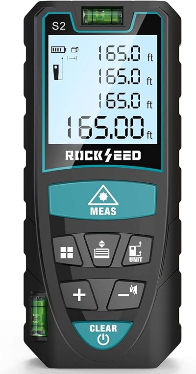 RockSeed 50m Laser Distance Meter with 2 Bubble Levels M/In/Ft Backlit LCD