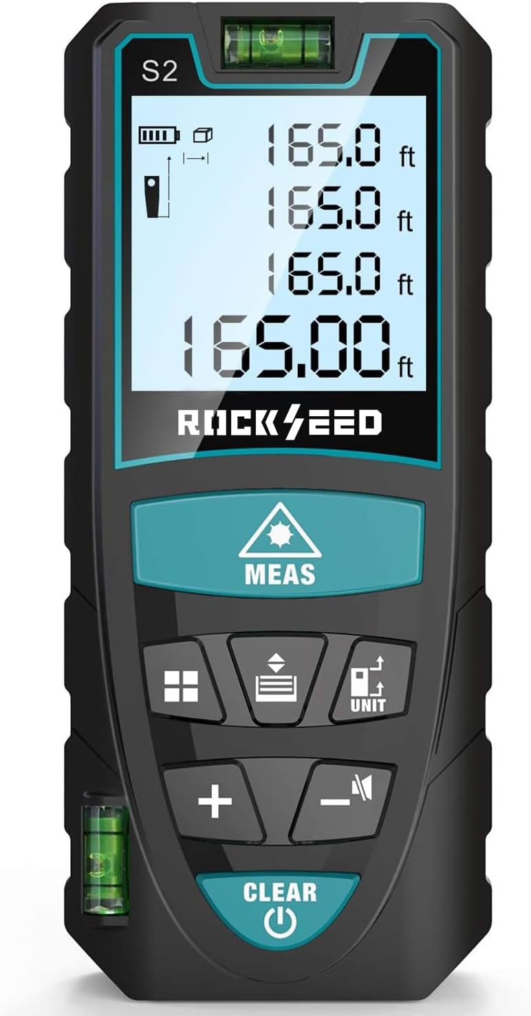 RockSeed 50m Laser Distance Meter with 2 Bubble Levels M/In/Ft Backlit LCD