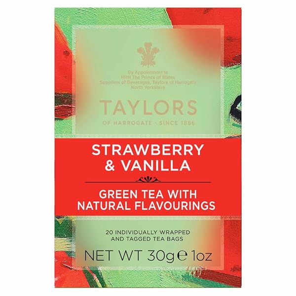 TAYLORS OF HARROGATE STRAWBERRY & VANILLA, GREEN TEA, INDIVIDUALLY WRAPPED BAGS, 20 COUNT (PACK OF 1), SMOOTH, JUICY AND SWEET, CAFFEINATED, ENJOY HOT OR ICED, 20 TEABAGS