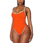 Viottiset Women's Ruched Drawstring One Piece Swimsuit Tummy Control High Cut Bathing Suit