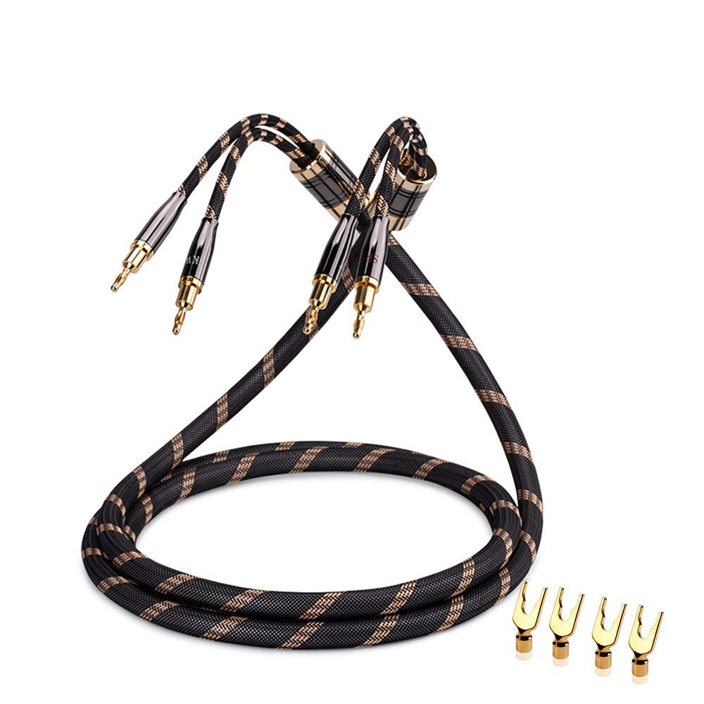 SKW Single Audiophile Speaker Cable, Convertible Banana Spade Gold Plated Connector, Nylon Braid, Hifi Quality Cable 3M, 1 cable