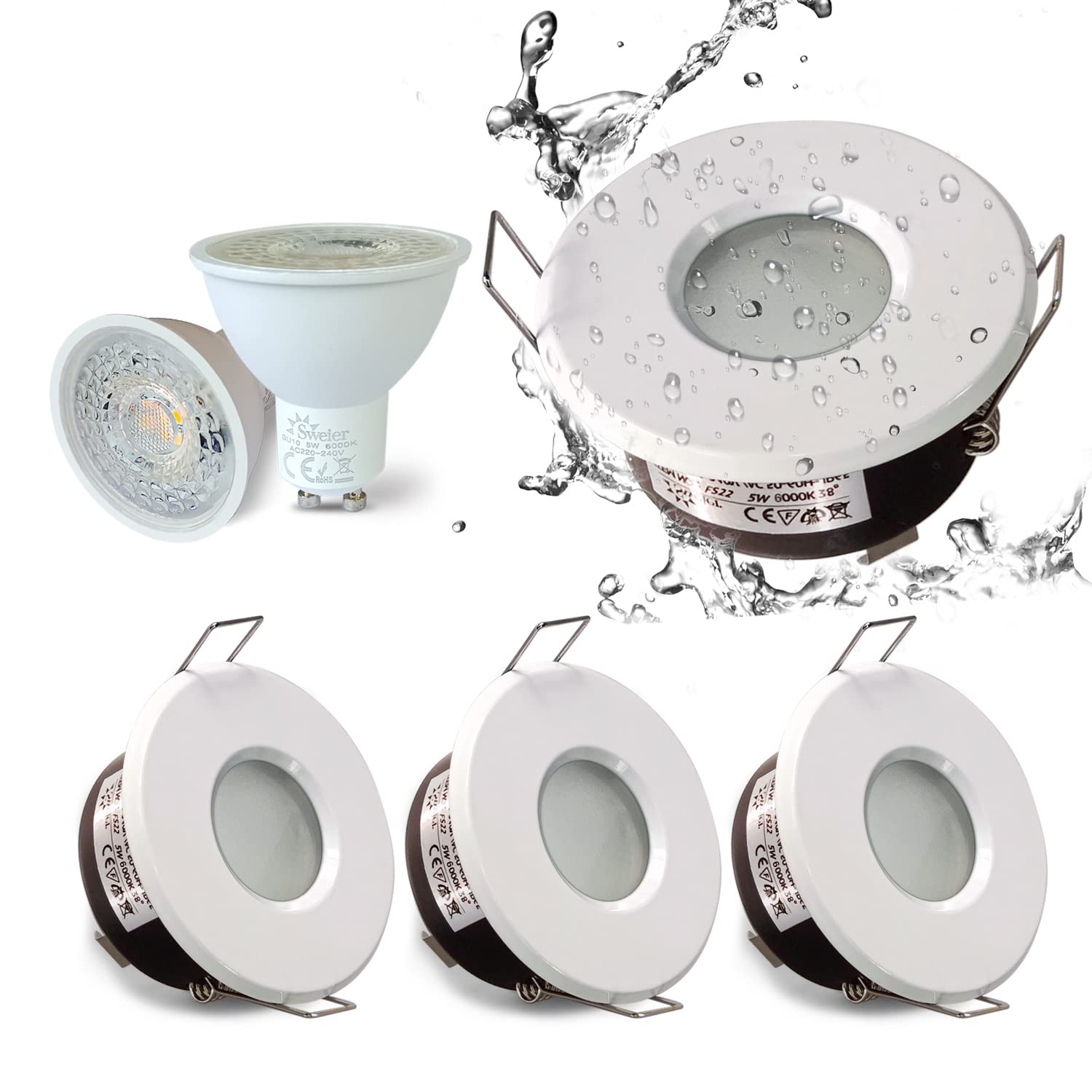 4XSweier IP65 White Waterproof Led Downlights for Bathroom, 5W Cool White 6000K 430LM, LED Ceiling Spotlight (Incl. GU10 lamp Holder) for Bathrooms and Kitchens, Downlight Cutout 68mm