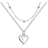Heart Layered Necklaces for Women - Sterling Silver Adjustable Heart Pendant Necklace Stacked Bead Double Chain Charm Necklace Fashion Gifts for Christmas Birthday for Teen Girls Girlfriend Wife