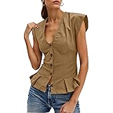 Cicy Bell Womens Deep V Neck Vest Tops Cap Sleeve Cropped Ruffle Shirts Button Up Cotton Fitted Blouse