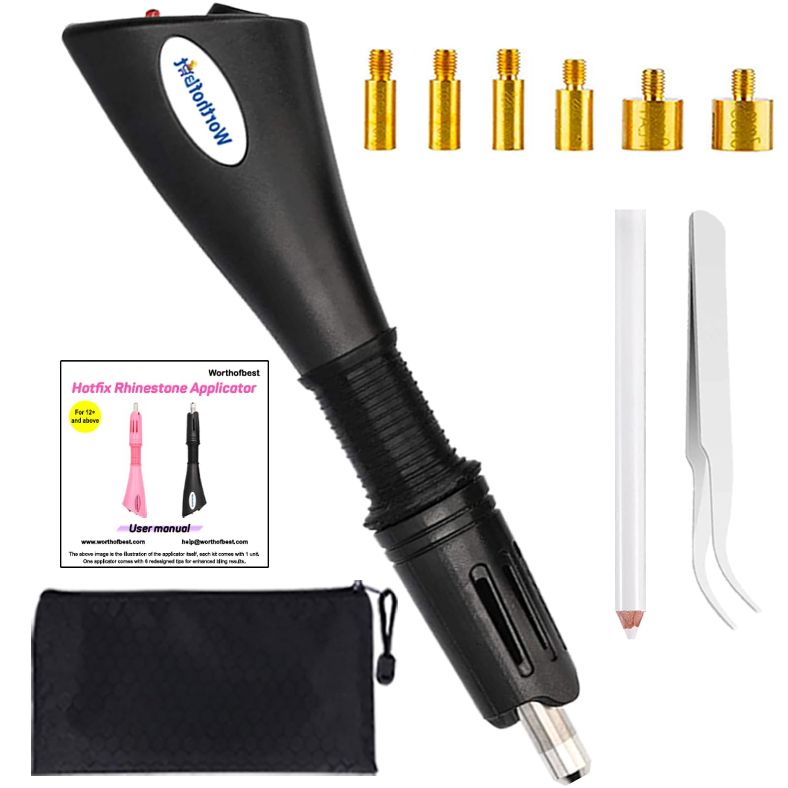 Photo 1 of Worthofbest Hotfix Applicator Wand Kit – Professional Rhinestone Setter with Safety Fuse & 6 Narrow-Edge Tips (SS10-SS30) – Includes Wax Pencil, Tweezers, Stand & Zipper Bag for DIY Bedazzling Clothes