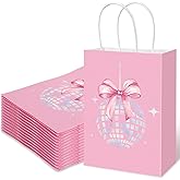 FYSUIMU 16Pcs Disco Ball Bow Paper Gift Bag Pink Laser Candy Bag with Handle Holographic Goody Treat Bags for Bachelorette Bridesmaid Party Favor Supplies, 5.9 x 8.3 x 3.1 Inch