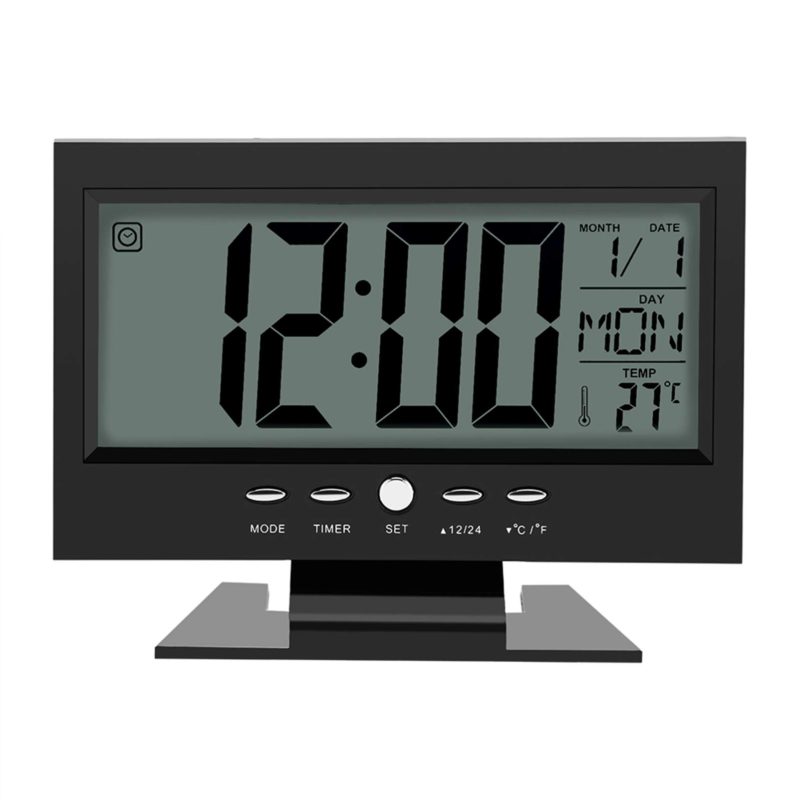 KIKYO Digital Alarm Clock, LCD Digital Sound Sensor Light Up with Calendar Multi-Functional Electric Clock(black)