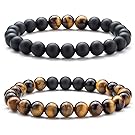 Hamoery Men Women 8mm Tiger Eye Stone Beads Bracelet Elastic Natural Stone Yoga Bracelet Bangle (Set1)