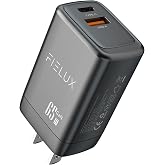 FIELUX 65W GaN Quick Charging Wall Adapter - Dual Port USB A &amp; USB C Connectors, Multiple Ports, 65W Fast Charge for Phones &amp; Tablets (iPhone 13/14/15/16, iPad, Samsung and More), Black