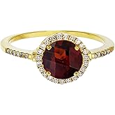 DECADENCE Solid 14K Yellow Gold 7mm Round Genuine Red Garnet January Birthstone & 0.18 CTTW Diamond Halo Ring | 14K Gold Garnet Ring For Women, Size-10