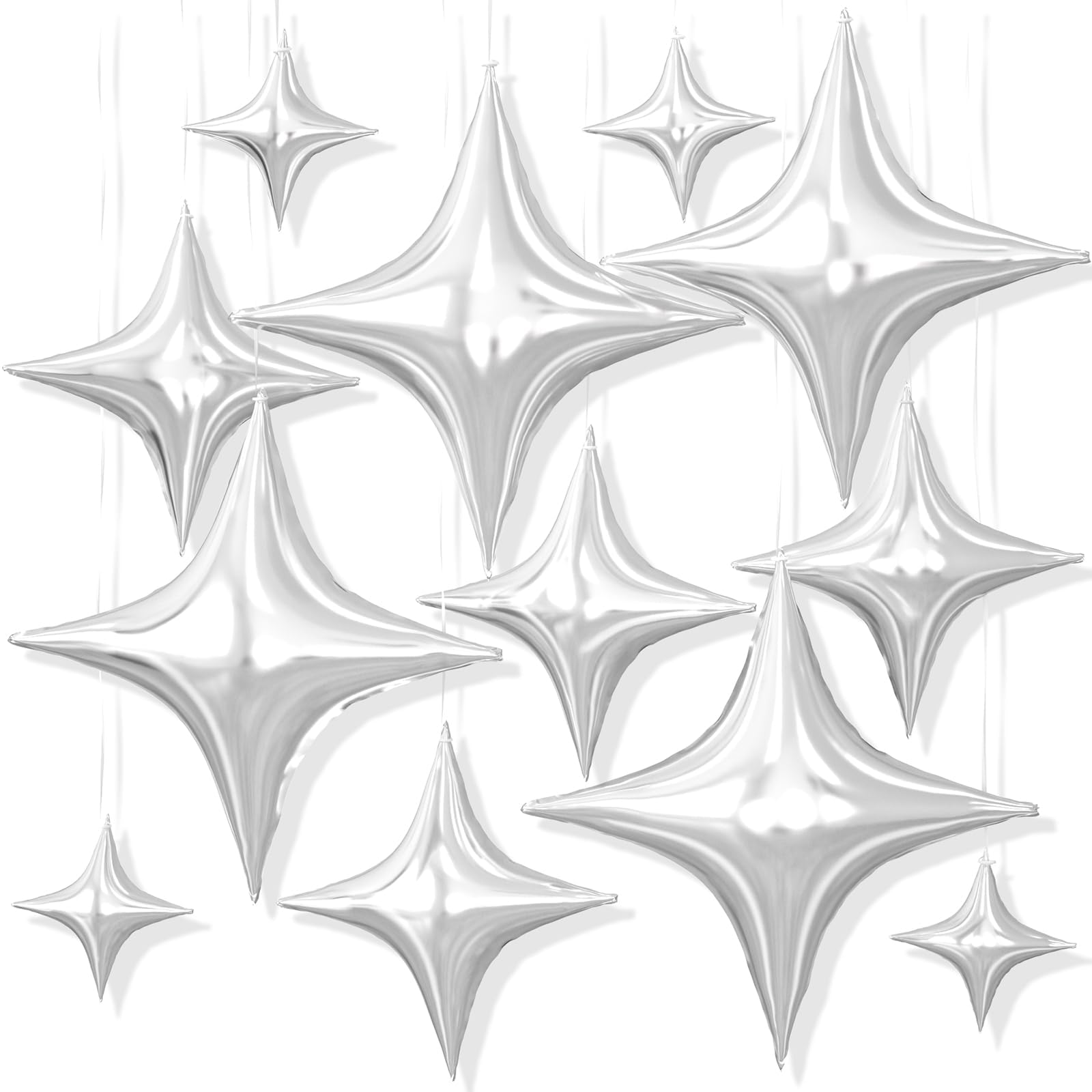 12PCS Silver Star Balloons, 26/18/10 Inch Star Foil Balloons, Metallic Silver Four Pointed Stars Balloon for Birthday Baby Shower Graduation Wedding Anniversary Bachelorette New Year Party Decorations