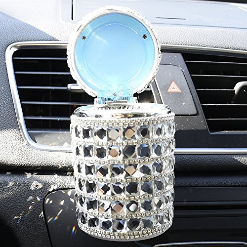 Follicomfy Bling Travel Crystal Diamond Auto Car Cigarette Ashtray Ash with Blue LED Light Smokeless Stand Cylinder Cup Holder,Silver